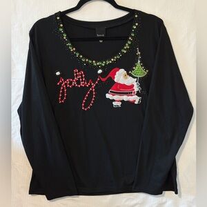 Berek Women’s XL Black Long-Sleeve Tee with Santa & Jolly Design NWOT